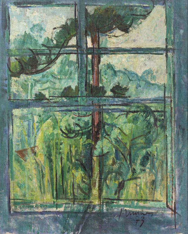 1973 - Paisagem atravs da janela (Embu), leo sobre tela fixada em placa, 61 x 50 cm